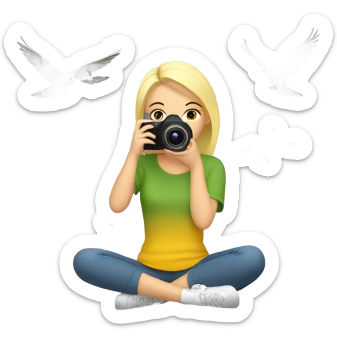 Blonde Girl sitting down with camera taking pictures of birds sticker