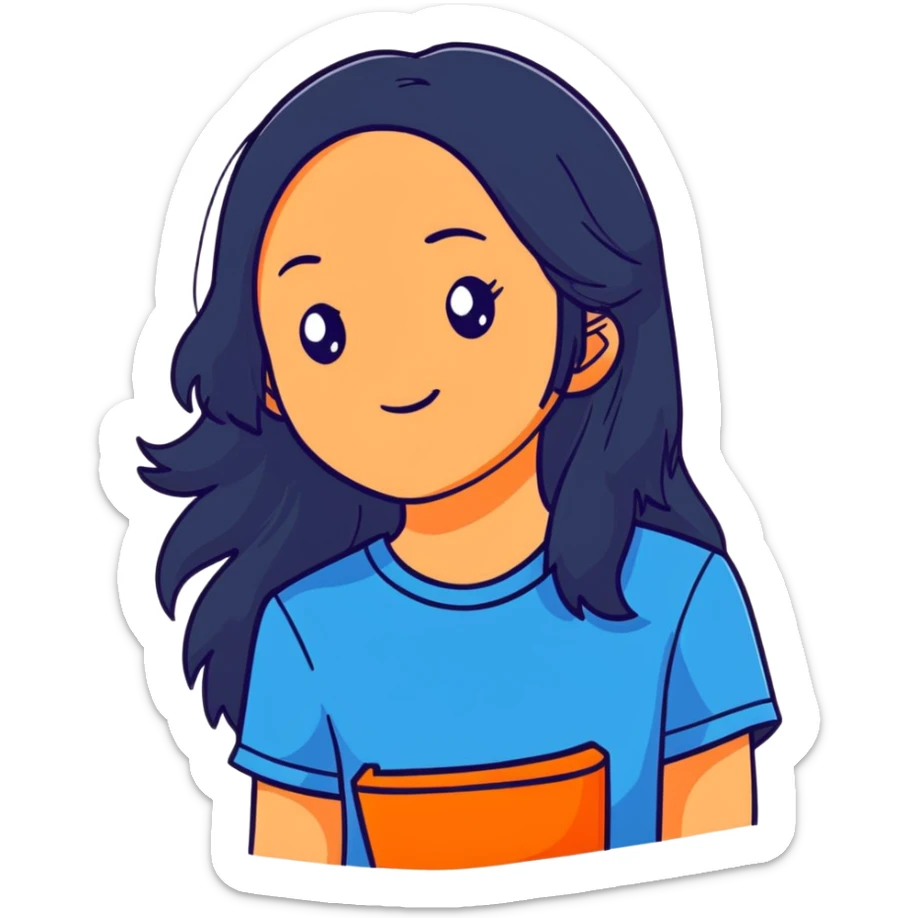 teenager girl with black long hair and blue shirt sticker