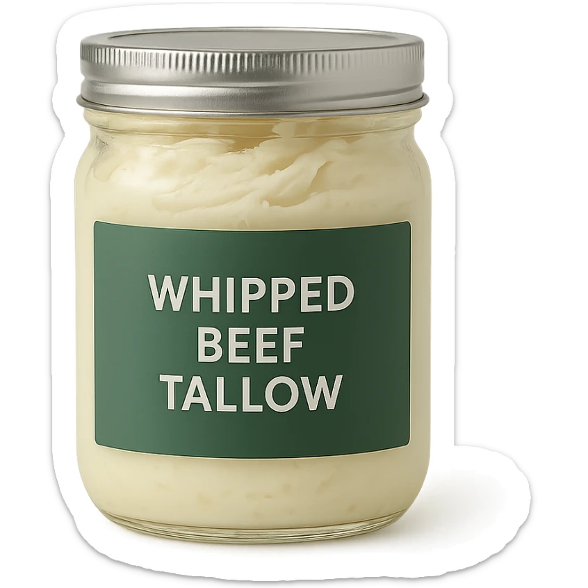 jar of whipped beef tallow with a green label, clear glass, creamy texture, minimalistic design, clean background sticker
