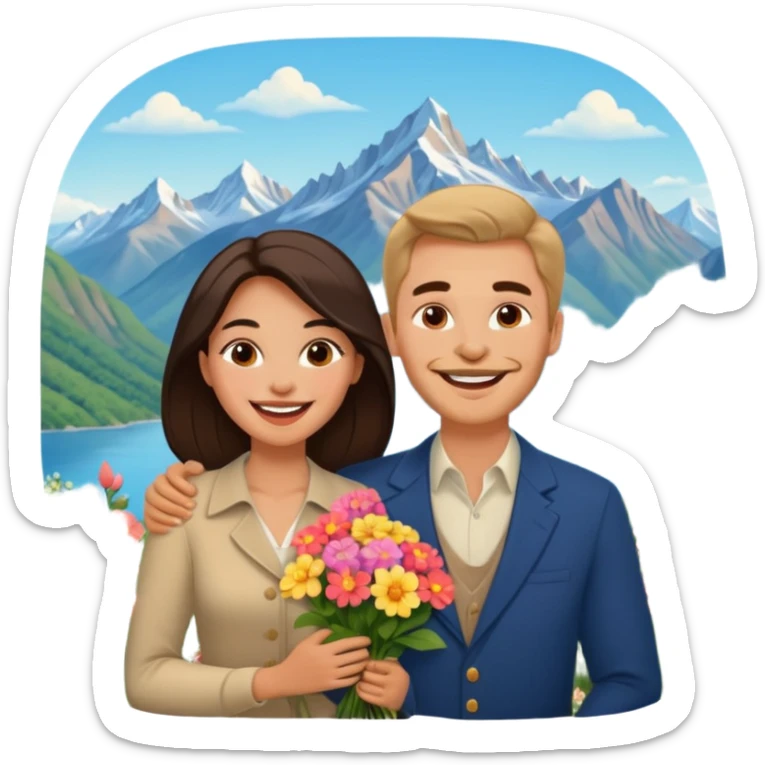 Couple  laughing traveling russian man and elegant  Latina girl delicate flowers and mountains in the background  sticker