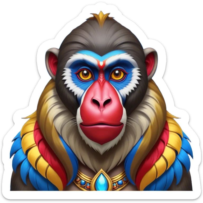 Cinematic Noble Mandrill Portrait Emoji, Poised and regal, with a striking, powerful build and a vivid, multicolored face accented by bold blue, red, and yellow hues, deep-set soulful eyes, Simplified yet sharp and sophisticated features, highly detailed, glowing with a vibrant, dignified glow, high shine, intelligent and commanding, stylized with an air of exotic majesty, focused and attentive, soft glowing outline, capturing the essence of a watchful and confident primate, so majestic it feels as though it could step out of the screen with effortless authority! sticker