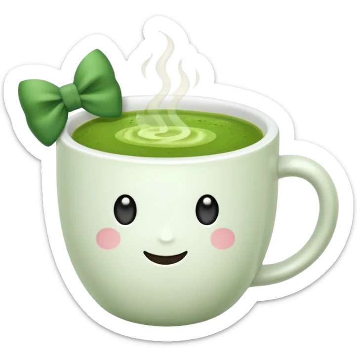 Make a cup of match tea in a mug with a bow on it no  face and white mug sticker