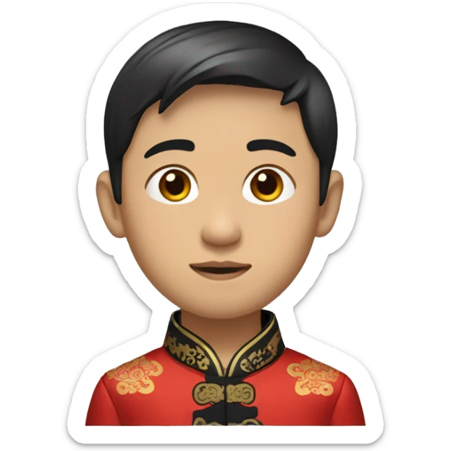 Head shot of Asian boy Wearing a traditional Chinese outfit with a red silk jacket and black pants, black dress shoes. sticker