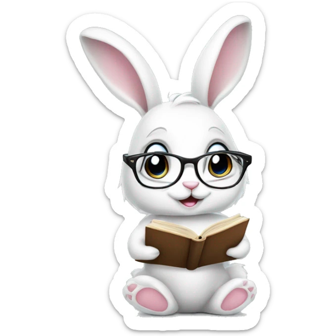 Cute White bunny girl with glasses, bow on the ear and book in her paws  sticker