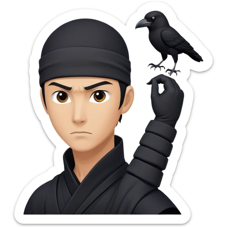 clash-of-clans-aesthetic_-cinematic-mysterious-male-ninja-portrait-emoji, rendered in a flat, vector-style with minimal shading and bold, simplified shapes, his arm is stretched out  with a head slightly turned revealing intense, focused eyes. the ninja has his arm out and perched on top of his forearm is  a  giant black crow sticker