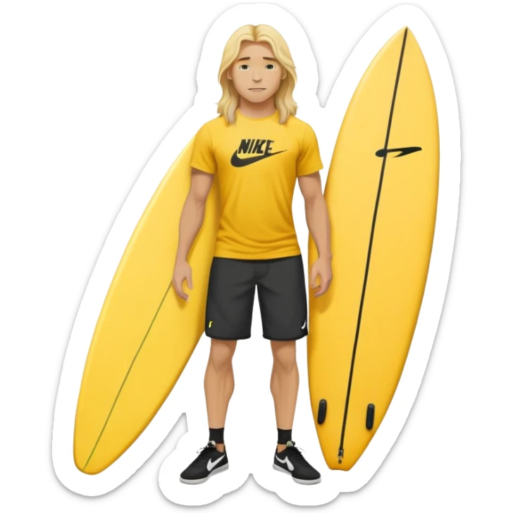 Man Surfer surfing with long blond hair, yellow t-shirt with black Nike logo in center of chest, black baggy sweatpants. On a yellow and white board sticker