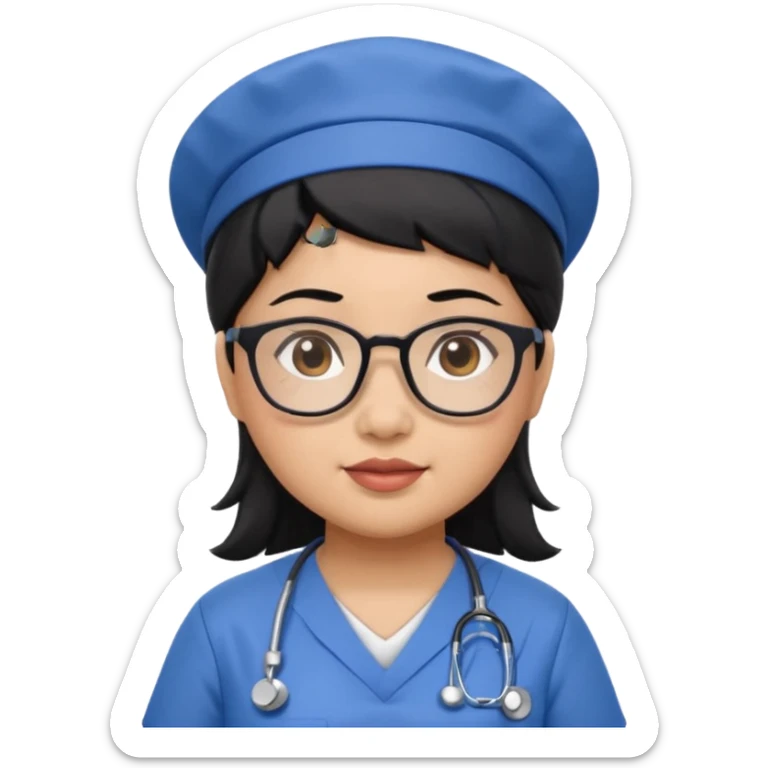FILIPINA FEMALE NURSE, CHUBBY, BLACK HAIR, WITH GLASSES, BLUE SCRUBS, AND CAP sticker