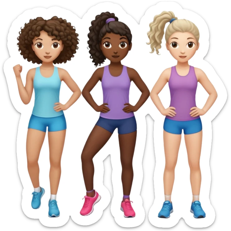 three women friends exercising together, one black woman with curly brown hair, one pale white woman with curly brown hair, and one white woman with straight brown hair in a ponytail positioned on the right sticker