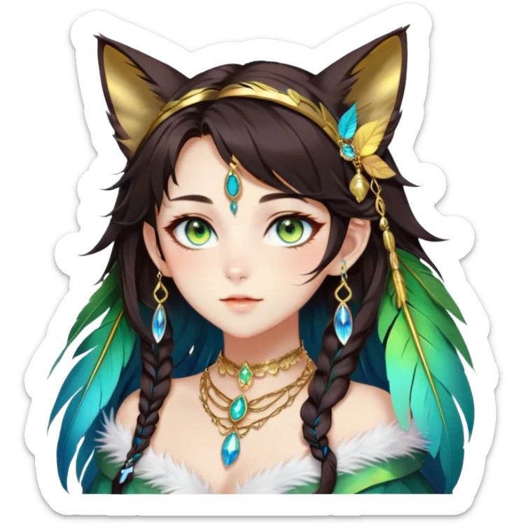 Beautiful gorgeous anime lady with beautiful dark-brown-special-hair, fashion aesthetic, ethereal, feather, accessories, gold jewelries, gold, colorful, feline ears, colorful hazel-green-blue-gradient eyes sticker