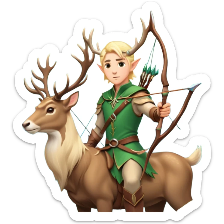 clash-of-clans-aesthetic-blond-male elf-archer-portrait-emoji, rendered in a flat, vector-style with minimal shading and bold holding his bow, simplified shapes, head tilted slightly forward with a determined, focused expression, riding a majestic stag whose antlers glow with mystical energy, set against an ancient, enchanted forest backdrop. sticker