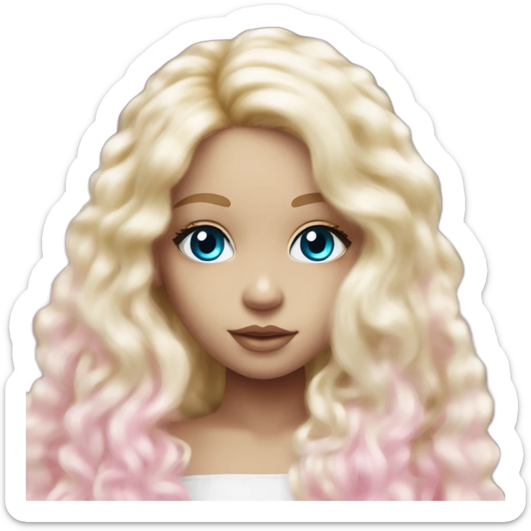 ocean blue doll eyes, blonde glowing silky long hair, girl, feminine, fragile, pink, angelic, in love sticker