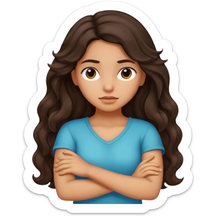 Hispanic girl with long dark brown wavy hair crossing her arms and slightly pouting sticker