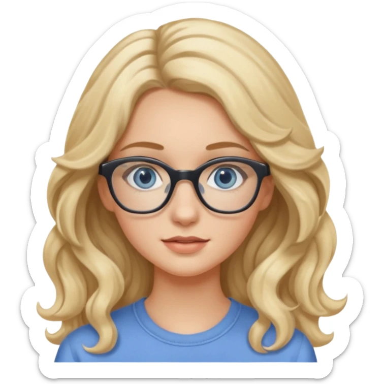 Fille 20ans qui a des cheveux long et blond et wavy avec des lunettes et des yeux bleu- gris avec du mascara sticker