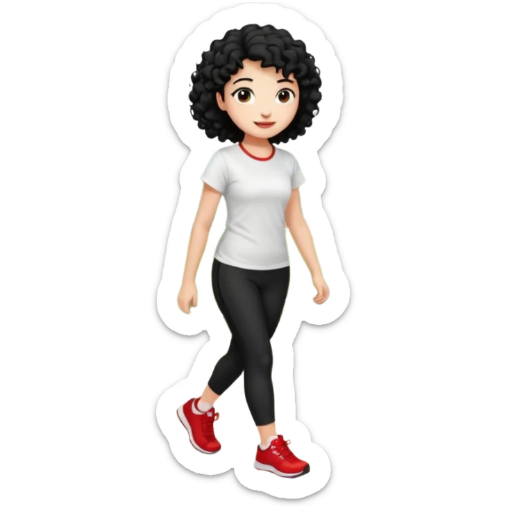 generate a pretty bratz fair skinned girl with curly black hair wearing a white tshirt trekking on a hill road with red sneakers on and black leggings.  Put a hill behind her sticker