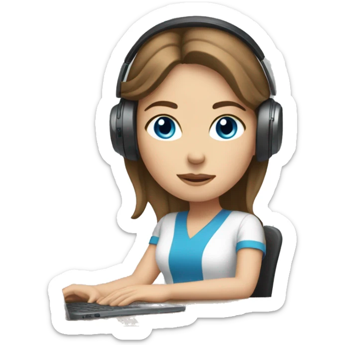 white girl at desk, brown hair, blue eyes, computer, headphones sticker