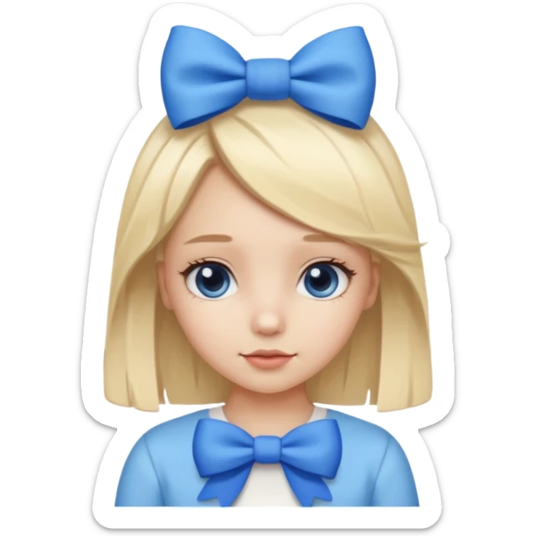 A cute girl with a white skin and a blonde hair with a blue and white bow in her head sticker