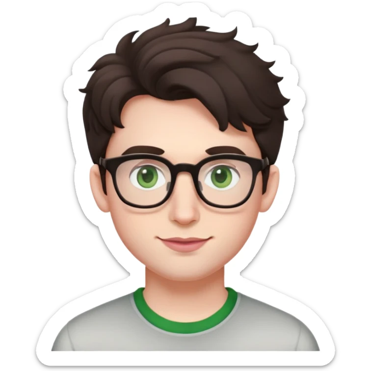 Young man with slightly curled dark brown poofy hair, green eyes wearing glasses, wide face with eyes set apart, bigger ears, very pale skin, slightly bigger nose, fuller darker pink lips with a smile, and very light stubble sticker