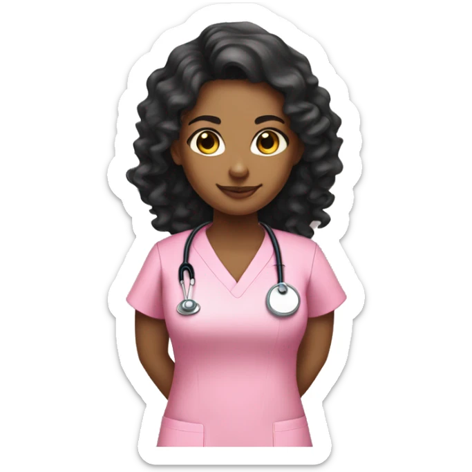 Light brown girl with long curly black hair wearing pink scrubs nurse sticker