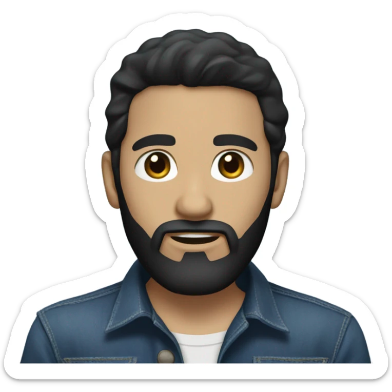 person with a black beard. No moustache. White skin tone. Nice black hair. Denim dark blue shirt sticker