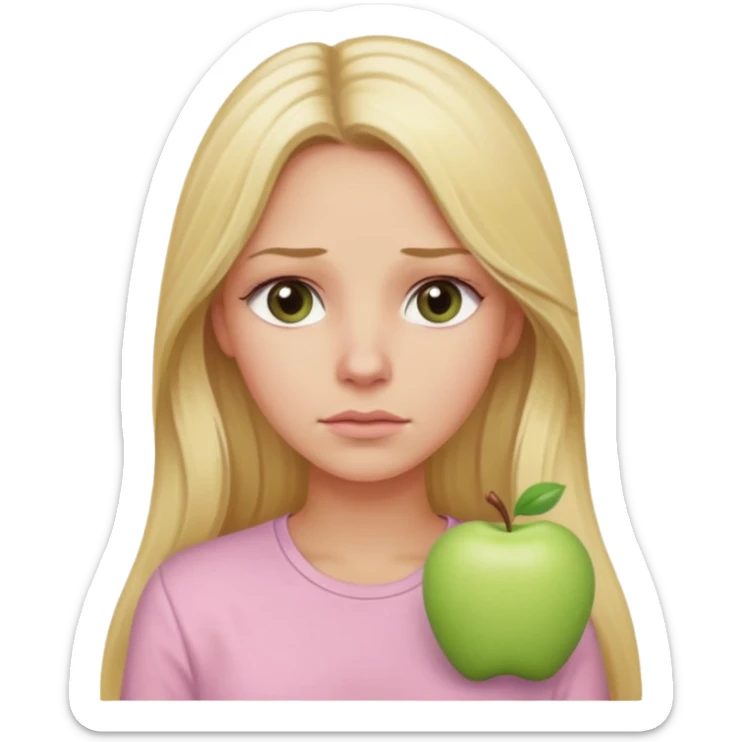 blonde with long hair and swamp-colored eyes, wearing a pastel pink shirt, thoughtful expression, iOS Apple emoji style sticker