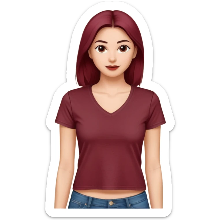 short wine red cotton V-neck t-shirt for women, cropped length, no model, only the clothing item sticker