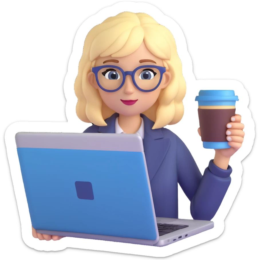 A girl with blonde hair and blue hair wearing glasses holds a laptop and a glass of coffee sticker