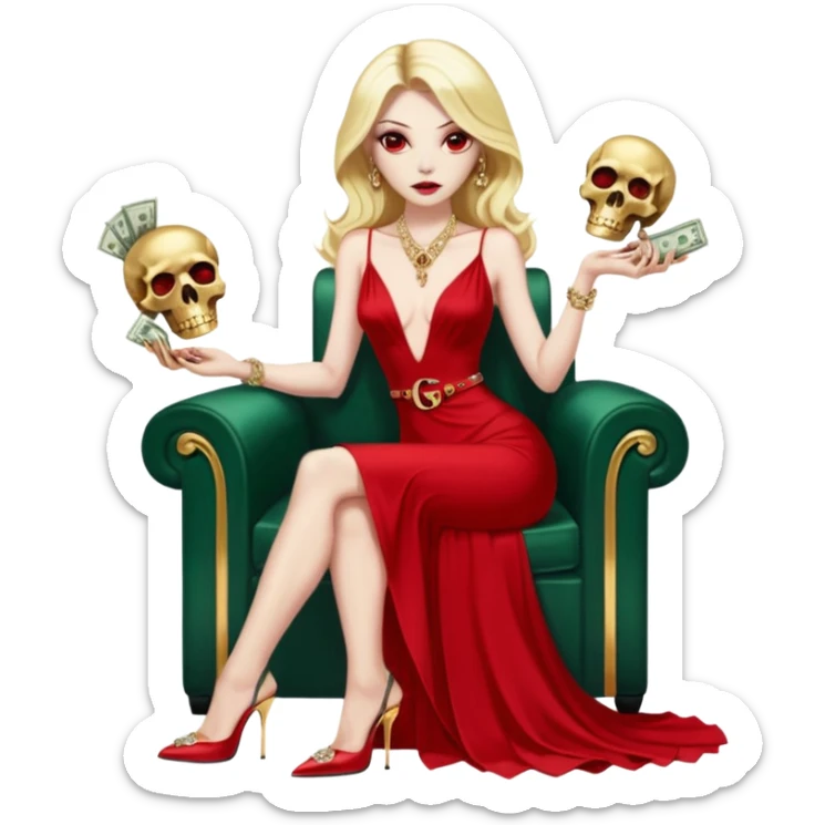 Lilith symbol red eye seductress evil shoulder length blonde haired sexy succubus woman with Gucci  long dress with slit, sitting on of gold and diamonds. Black Platform high heels on feet. seat full of stacks of cash,  dead human skull of her enemies in her other hand sticker