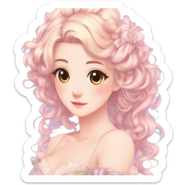 gorgeous pretty attractive anime lady beautiful hair with gorgeous dress fairycore cottagecore pastelcore detailed high quality trending VOGUE aesthetic head and bust sticker