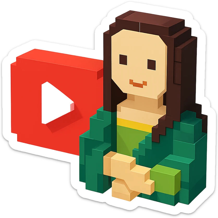 voxel-style Mona Lisa with a large YouTube play button in the background, isometric view sticker