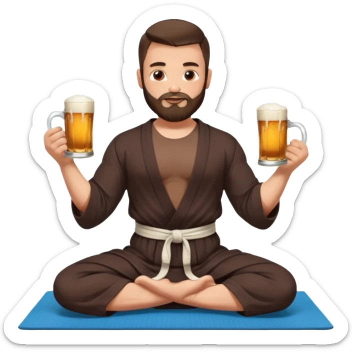 slavic muscled guy with dark brown hair and beard, sitting in yoga pose on a mat, dark colors robe, long and volume dark hair, holding beer mugs in two hands, sitting sticker