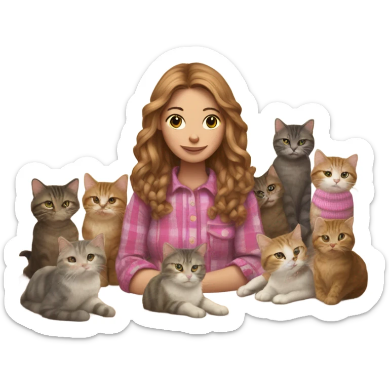 Woman with long light brown hair and a pink streak wearing a flannel shirt knitting and surrounded by cats sticker
