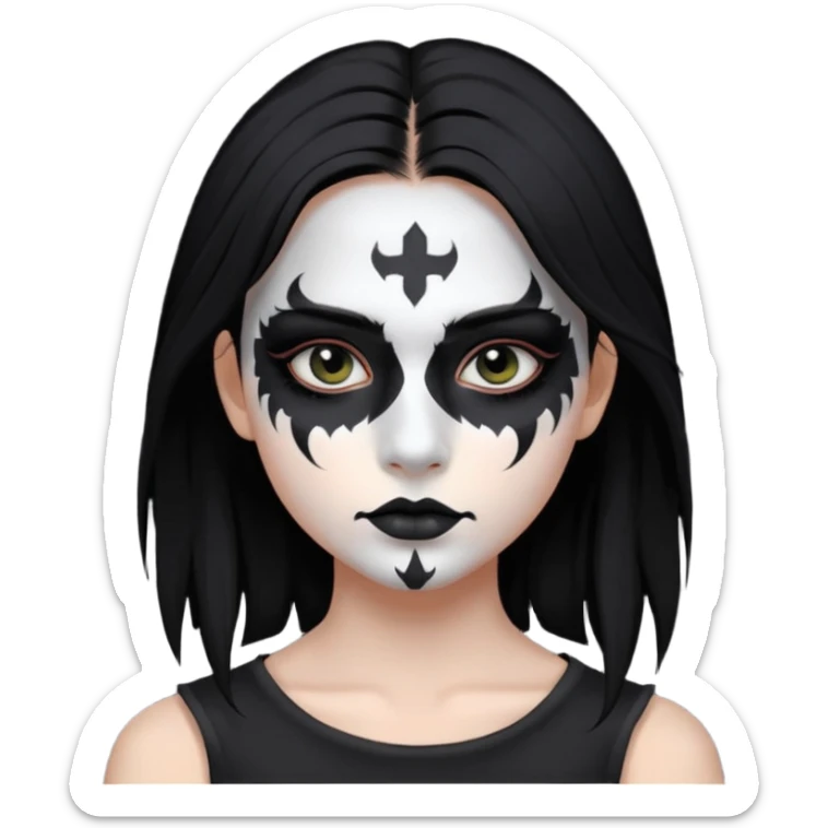 Crea una ragazza con stile black metal,  paint face black metal, capelli neri mossi dalle spalle e occhi bianchi sticker