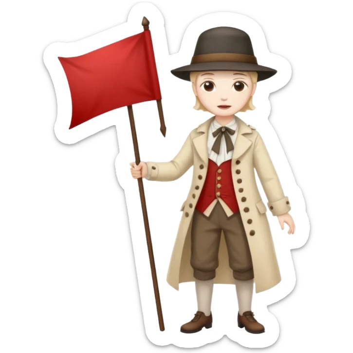 full body 18th century protester, period clothing, hat, holding a banner, expressive face sticker