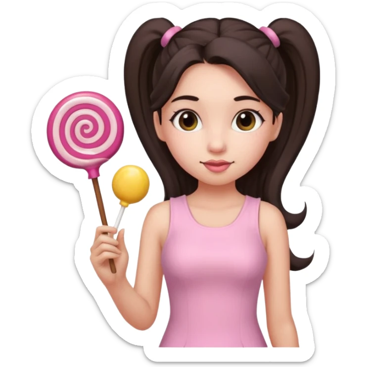 Girl with long dark ponytails wearing light pink bodycon dress holding a lollipop sticker