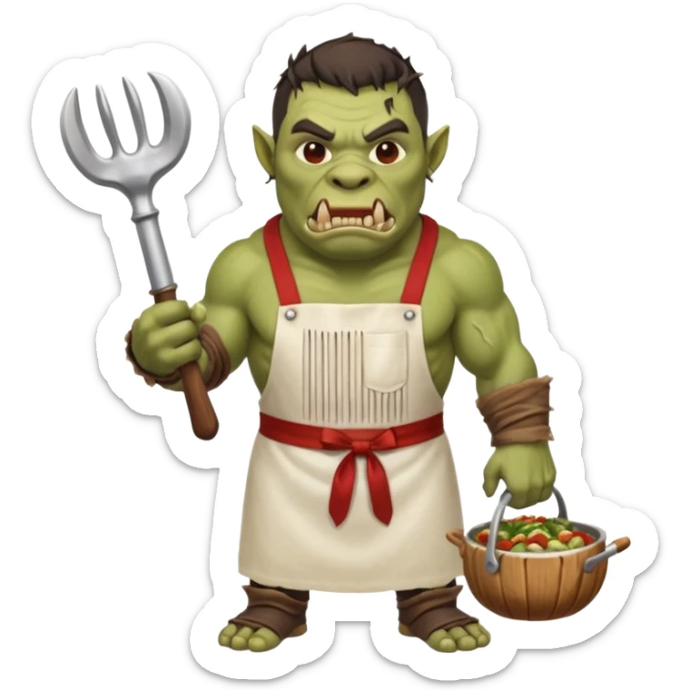 orc make Apron with "Kiss the Cook" (scratched out, replaced with "Fear the Cook"), giant rib bone as a weapon. sticker