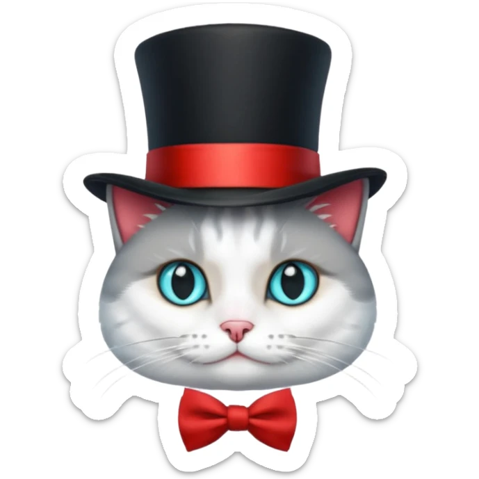  Kater in grau weiß, mit schwarzem Zylinder, der eine rote Banderole auf dem Kopf hat, der etwas schräg ist, so dass nur ein Ohr zu sehen ist. Der Kater schaut gerade nach vorne und am Hals hat er eine kleine, rote Schleife. Die Augen sind türkisfarben am funkeln mit kleinen, weißen Lichtreflexen. sticker