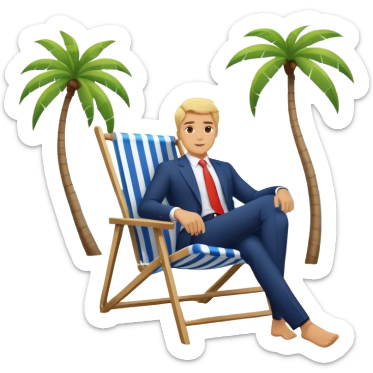 blonde man in business suit sitting in a beach chair on a tropical beach, vacation sticker
