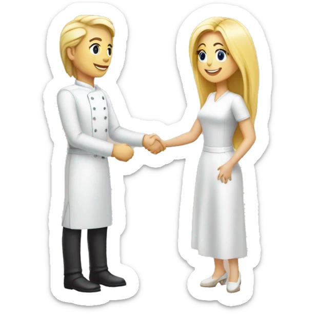 restaurant owner with white skin and blogger with white skin and blonde hair shaking hands in full height sticker