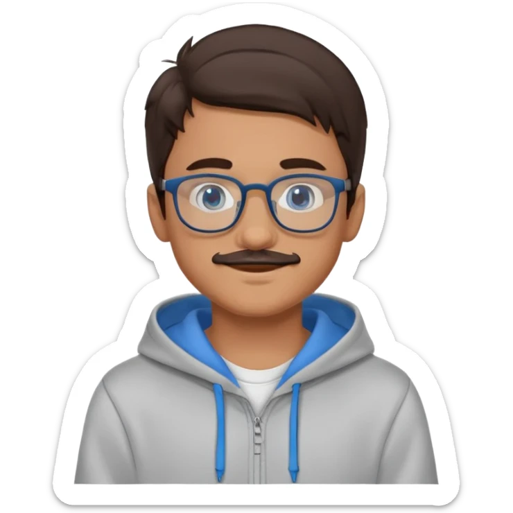A boy with dark brown hair slightly tanned skin glasses blue eyes nice smile and a little moustache in a grey hoodie sticker