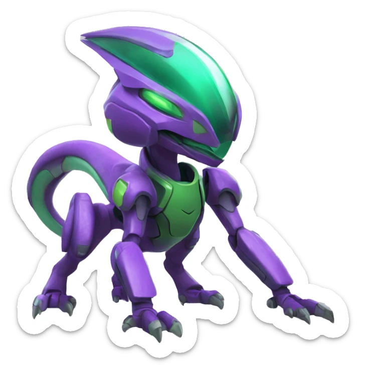 a purple-green Genesect-Raptor-Fakémon—hybrid with a futuristic visor-helmet full body sticker