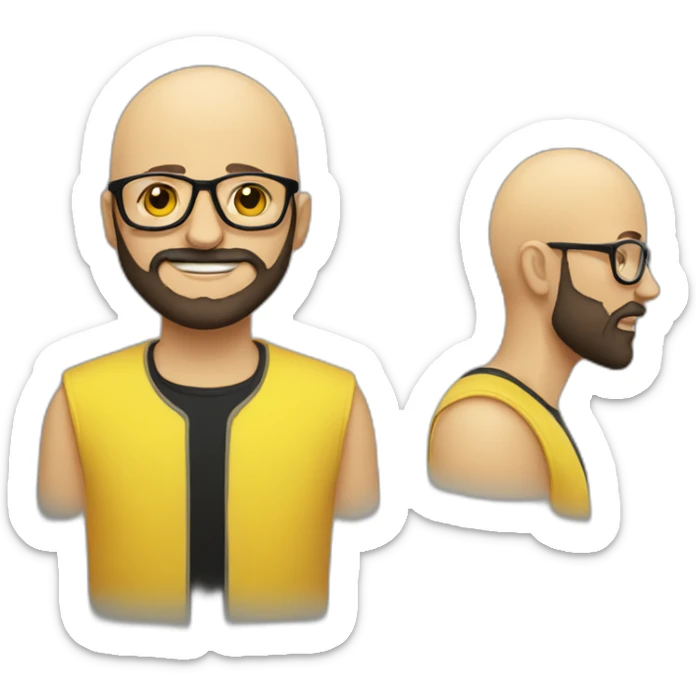 A bald man wearing yellow transparent fashionable glasses, a man with black beard sticker