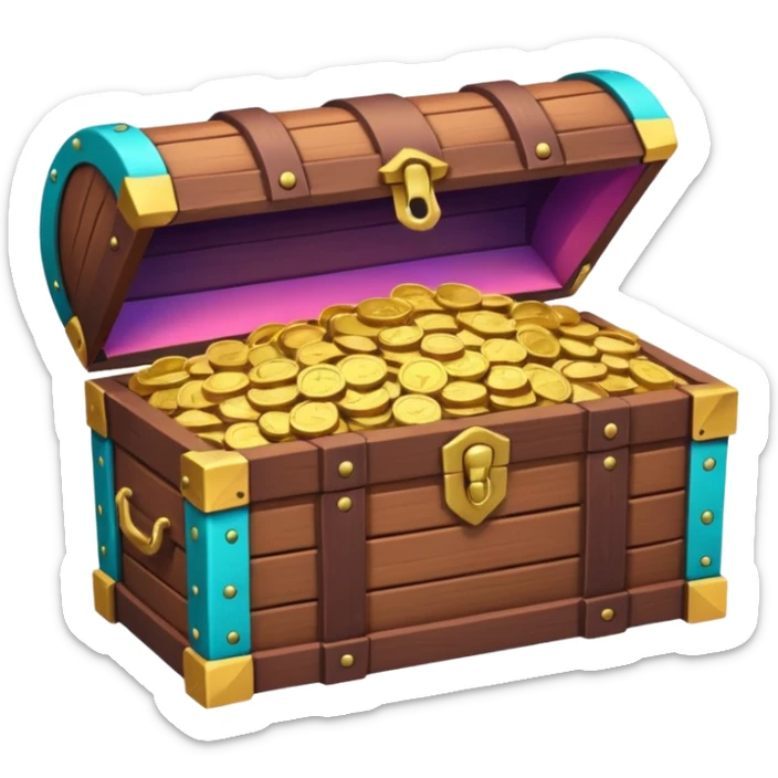 wooden brown treasure chest filled with coins pack in gradient of turquoise, blue, pink, purple, and coral sticker