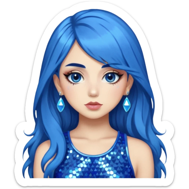 Charly xcx with long hair and full glam makeup, blue hair sticker