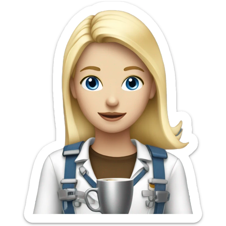 Blond girl with blue eyes  drinking coffee wearing a harness and steel toe boots sticker