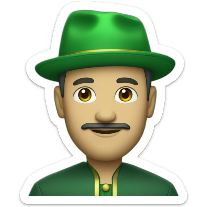 man with green hair green suit and large green top with gold strip hat goatee sticker