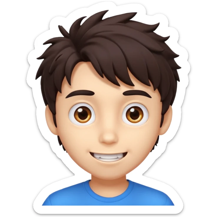 3D cartoon male character with big expressive eyes, messy dark hair, playful smile, energetic personality, vibrant K-pop animation style." sticker