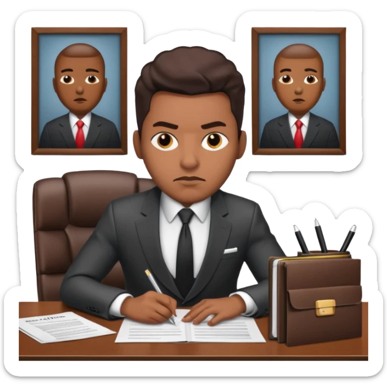 Hip hop music record company executive in office sitting at desk with contract on top of desk sticker