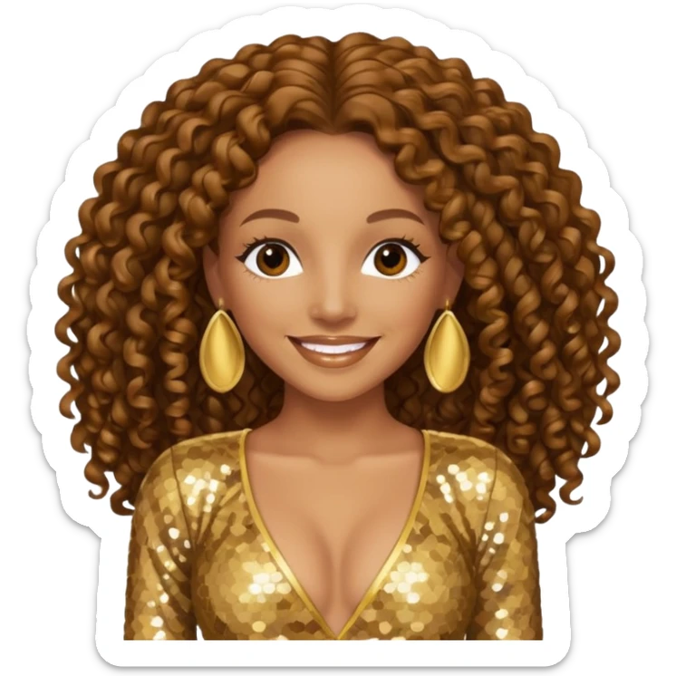 Mel B from Spice Girls with long brown curly hair, gold sequin outfit sticker