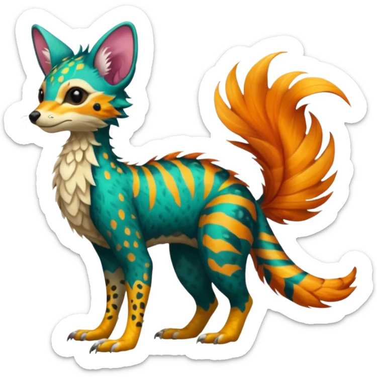 Feral Rare Fantasy vibrant tropical Vernid-Trico-species by LiLaiRa, random markings, tufted tail, tufted ears, full body sticker