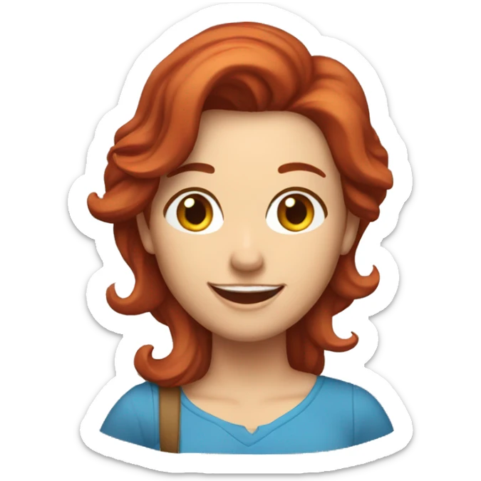 I want an emoji of a brunette woman with red hair and a hairpiece and a map in her hand and a blue shirt and a happy look and smile sticker